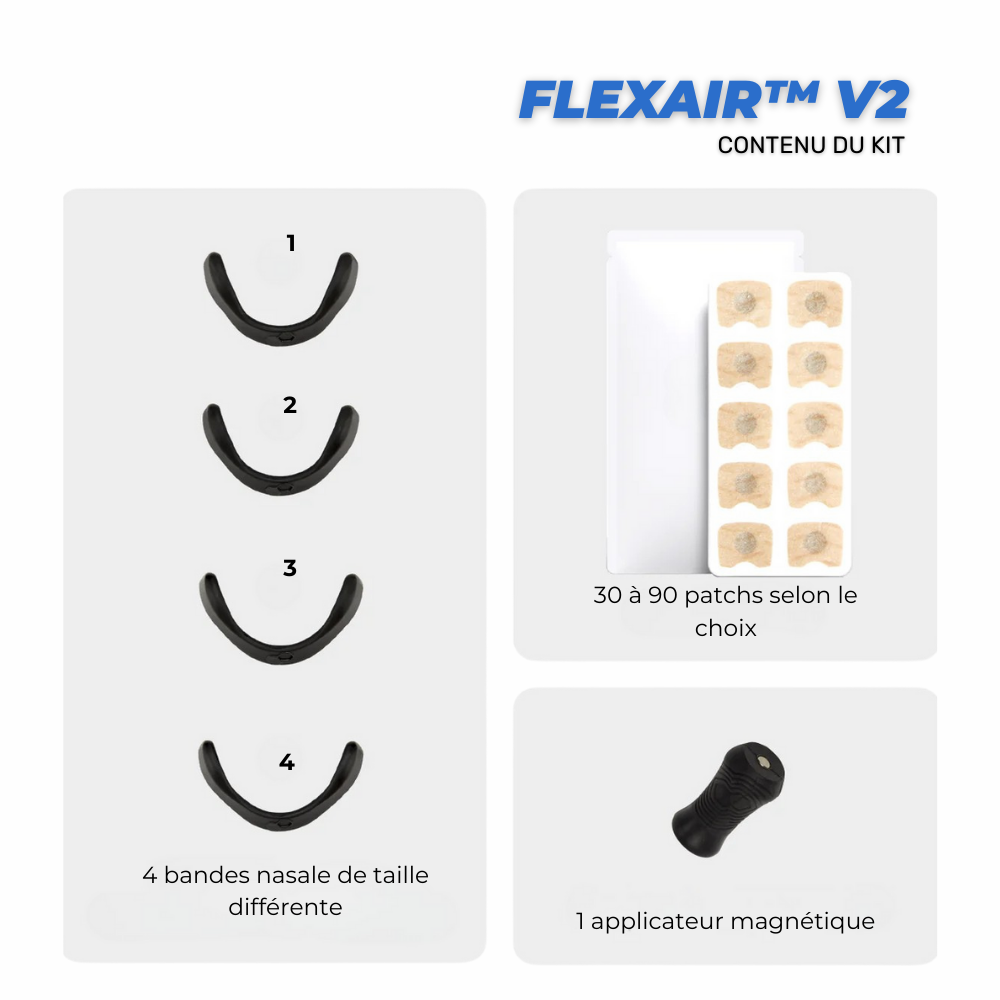 La bande nasale magnétique Flexair™ V2 est conçue pour améliorer votre respiration nasale, augmentant ainsi vos performances sportives et favorisant un sommeil réparateur.