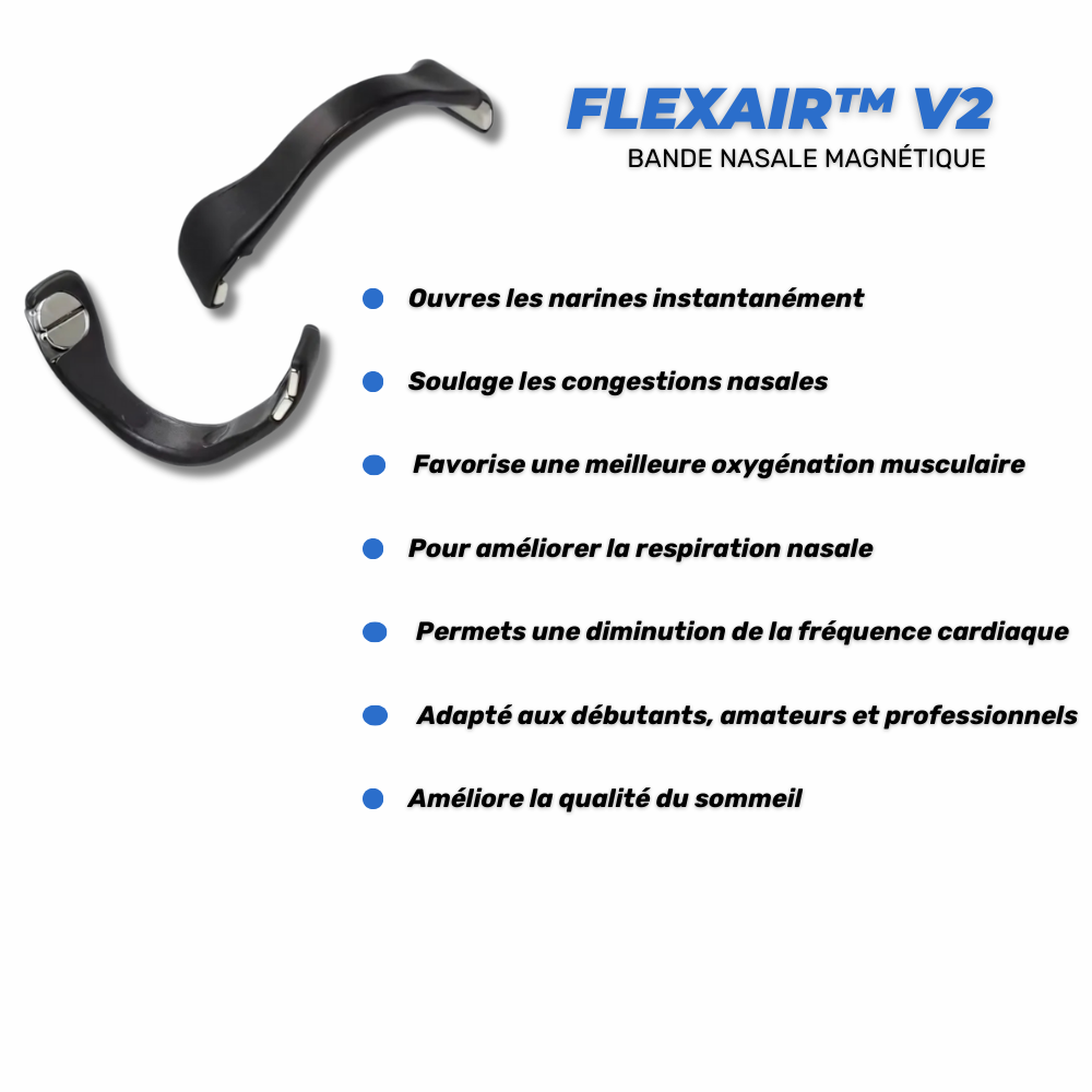 La bande nasale magnétique Flexair™ V2 est conçue pour améliorer votre respiration nasale, augmentant ainsi vos performances sportives et favorisant un sommeil réparateur.